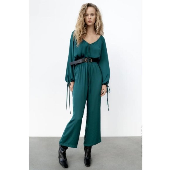 NWT ZARA TEAL SATIN EFFECT V-NECK JUMPSUIT SIZE XL - Picture 1 of 7